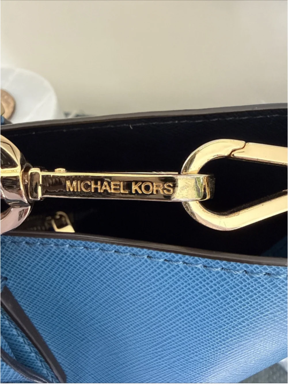 Michael Kors Greenwich Large Saffiano Leather Grab Bag Blue Gold Hardware